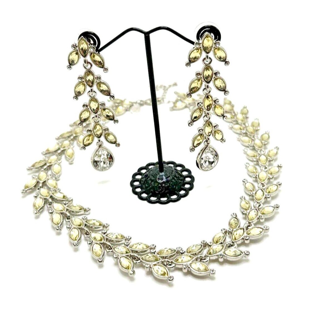 2028 BRAND Necklace & Earrings Set Yellow Rhinestone Laurel Leaf Dangle NWOT